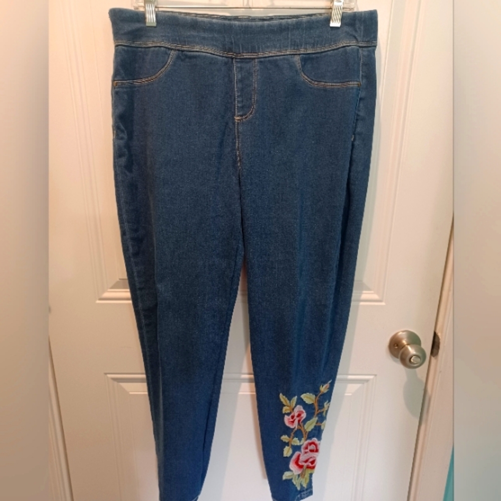 BLUE DESIRE DENIM  JEANS WITH STUNNING FLORAL EMBROIDERED LEG!